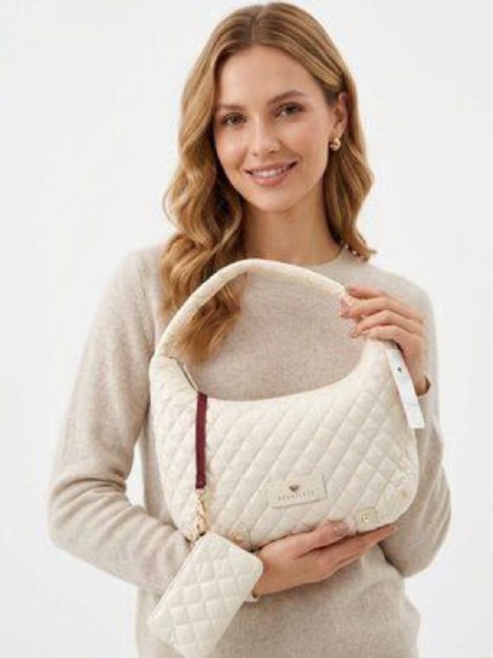NWT Quilted Cream Shoulder Bag with Detachable Pouch